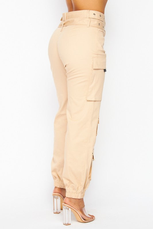 High Rise Belted Cargo Khaki Pants