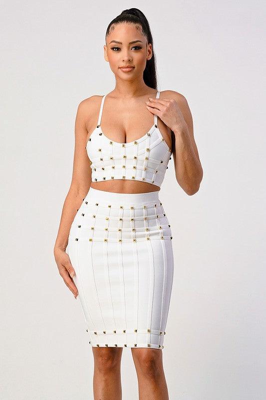 Studded strapped bandage crop top with skirt Set