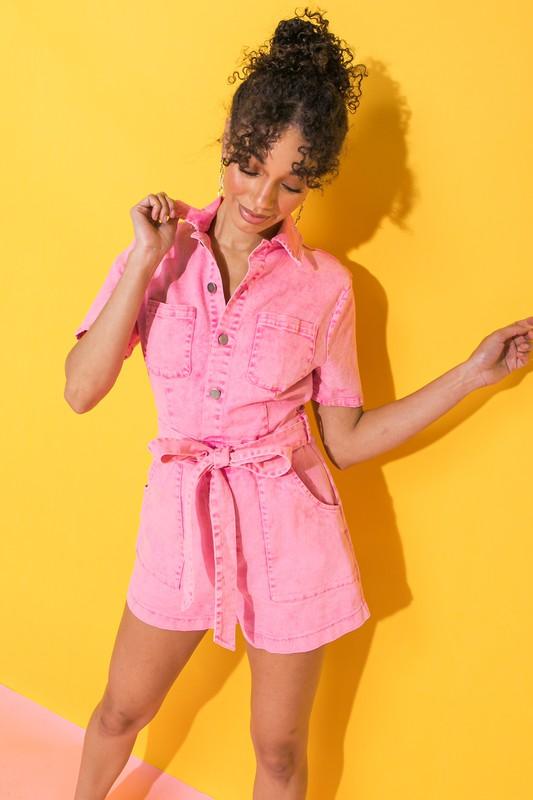 PINK ACID WASH ROMPER - PRIVILEGE 