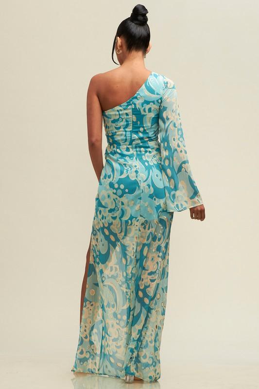 MOSAIC ONE SHOULDER SLEEVE DRESS - PRIVILEGE 