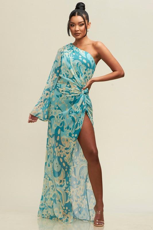 MOSAIC ONE SHOULDER SLEEVE DRESS - PRIVILEGE 