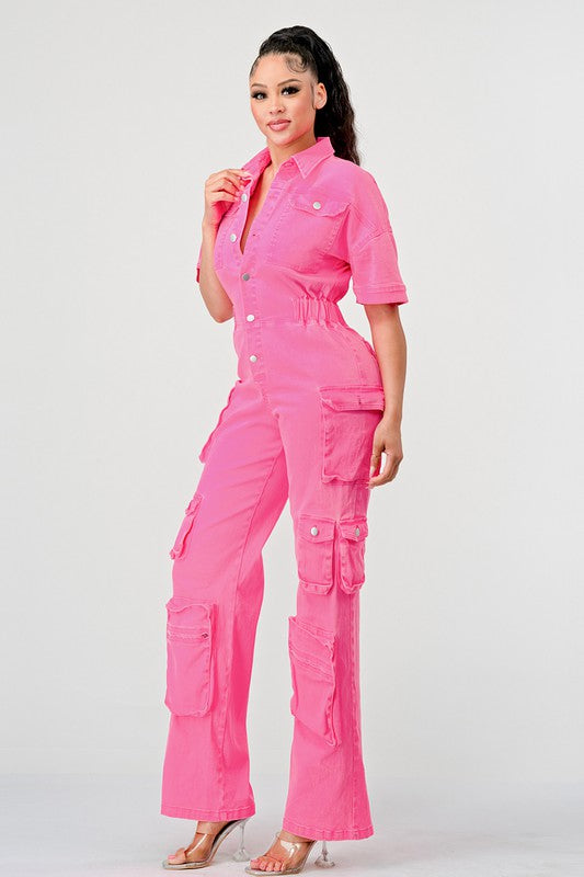 DENIM CARGO JUMPSUIT - PRIVILEGE 