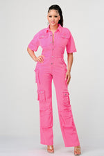 DENIM CARGO JUMPSUIT - PRIVILEGE 