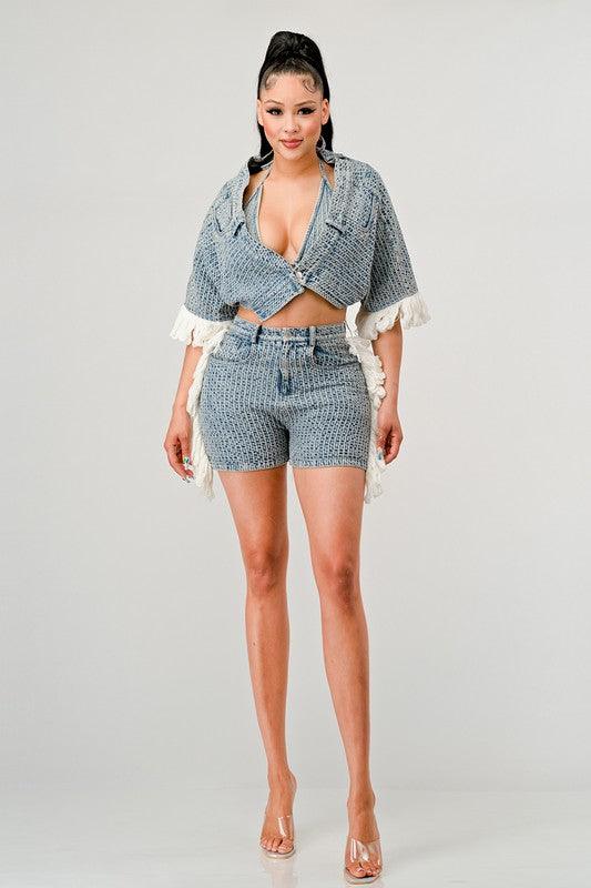 TEXTURE DENIM TASSEL 3 PIECE SET - PRIVILEGE 