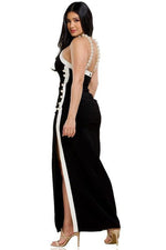 Pearl Beaded Black Maxi Dress - PRIVILEGE 