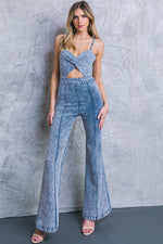 ACID WASH BELYY OPENING DENIM JUMPSUIT - PRIVILEGE 