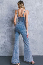 ACID WASH BELYY OPENING DENIM JUMPSUIT - PRIVILEGE 