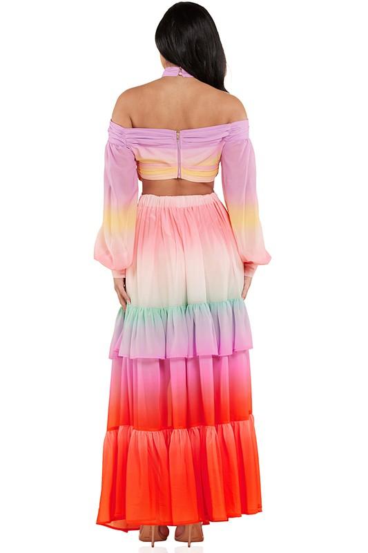 PASTEL OMBRE RUFFLE TIERED MAXI DRESS - PRIVILEGE 