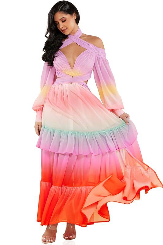 PASTEL OMBRE RUFFLE TIERED MAXI DRESS - PRIVILEGE 