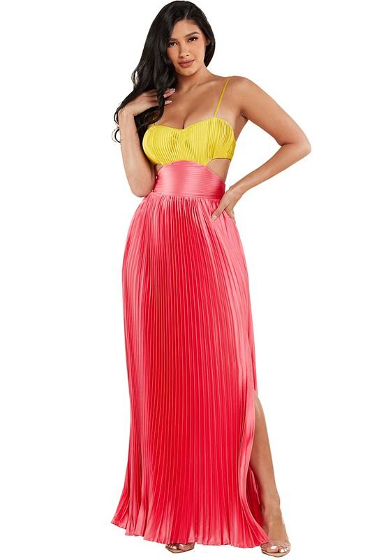 Lime and Pink Satin Pleated Maxi Dress - PRIVILEGE 