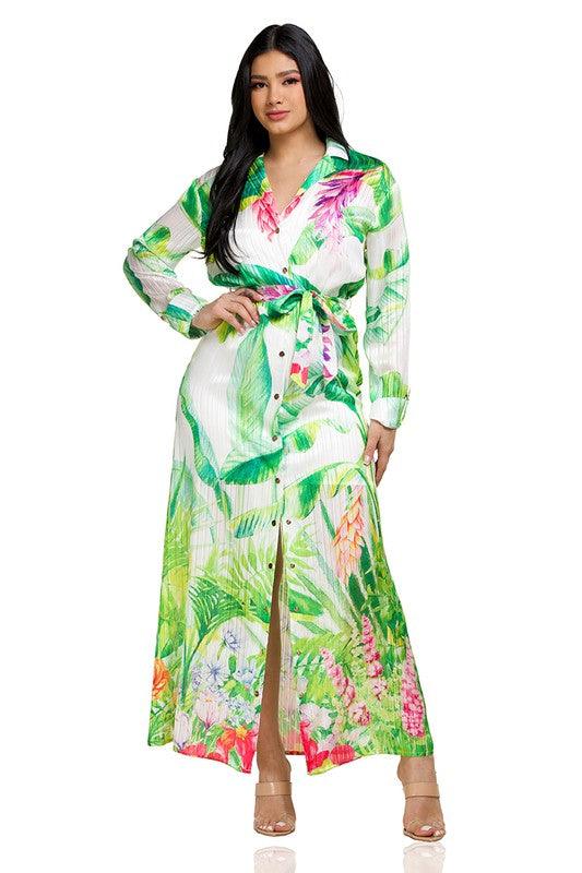 Tropical leaf print button fronts maxi shirt dress - PRIVILEGE 