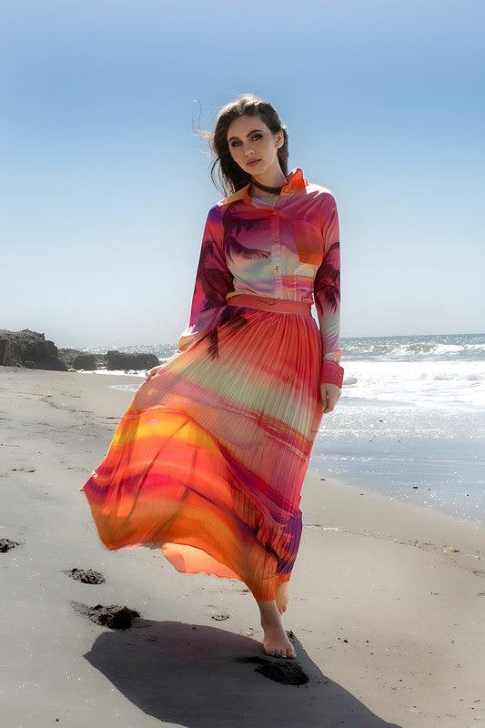 Sunset Print Ombre Woven Shirt and Maxi Skirt Set - PRIVILEGE 