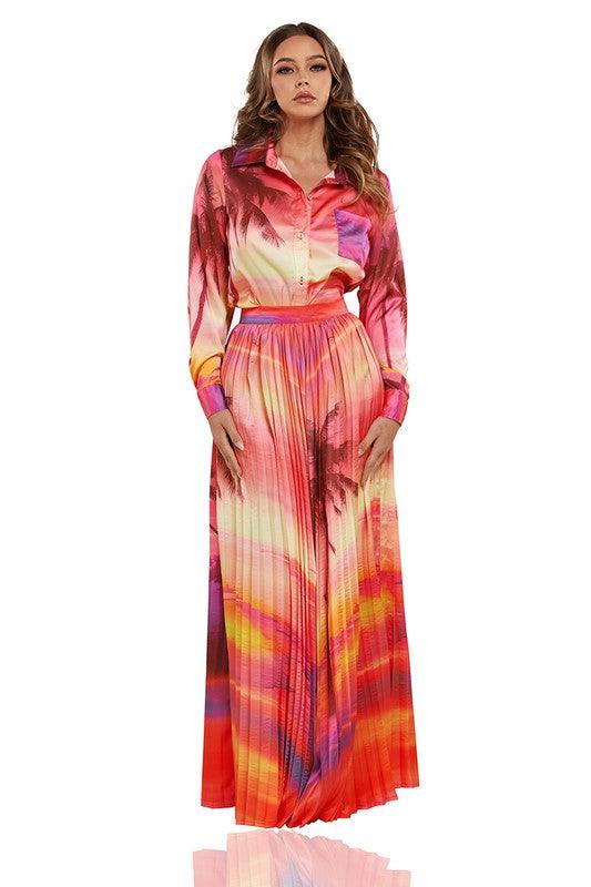 Sunset Print Ombre Woven Shirt and Maxi Skirt Set - PRIVILEGE 