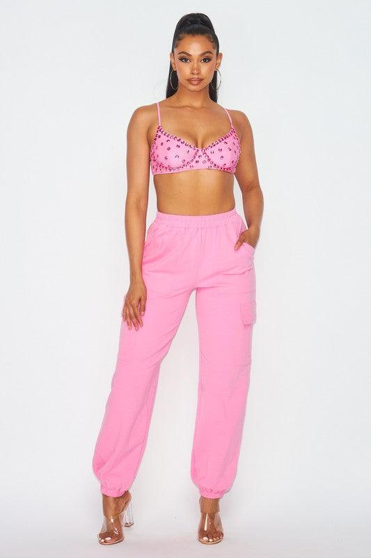 JEWEL BRA TOP AND CARGO SWEAT PANT - PRIVILEGE 