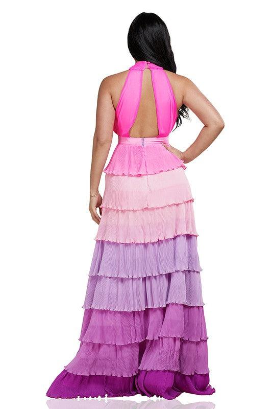 Purple Ombre Pleated Multi Tiers Maxi Dress - PRIVILEGE 