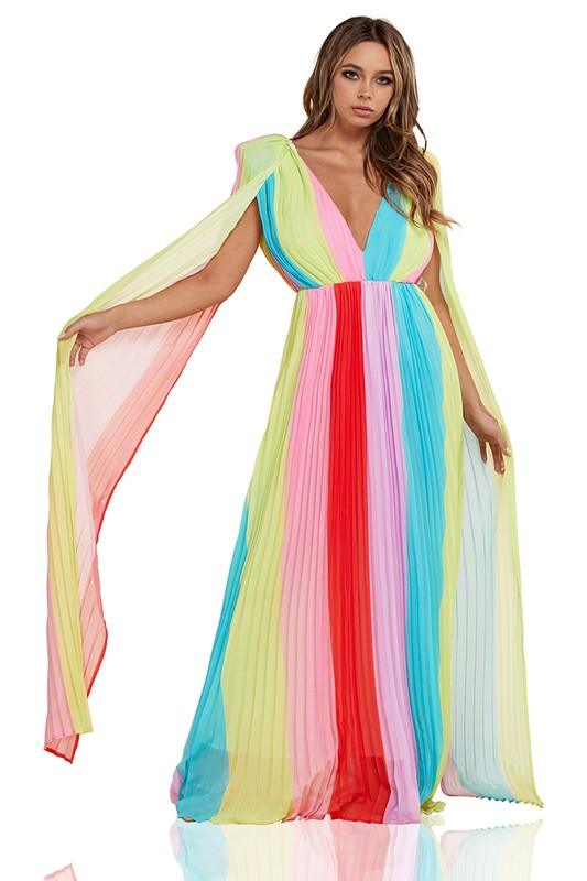 Pastel Rainbow Pleated Cape Detail Maxi Dress - PRIVILEGE 