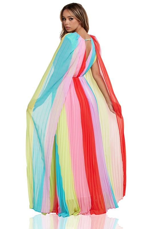 Pastel Rainbow Pleated Cape Detail Maxi Dress - PRIVILEGE 