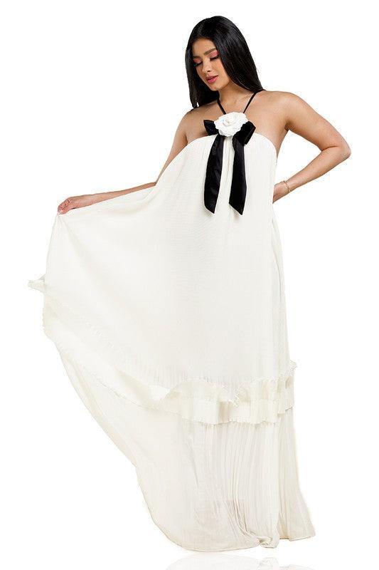 White Pleated Flower and Bow Detail Maxi Dress - PRIVILEGE 