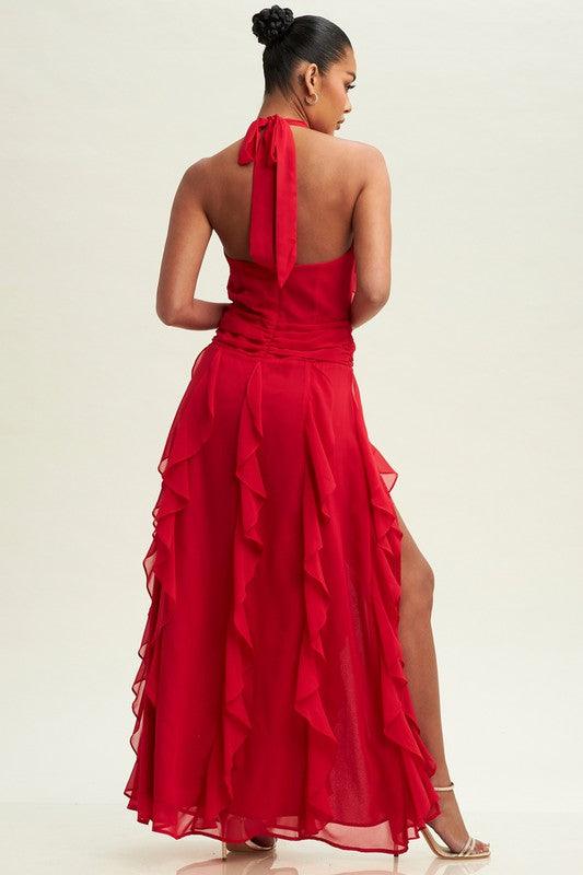 HALTER RUFFLE MAXI DRESS - PRIVILEGE 