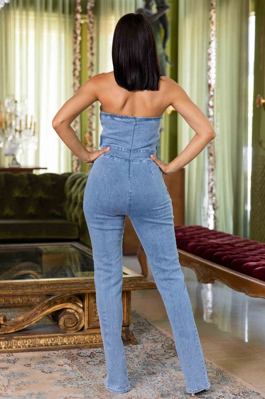 DENIM STRETCH FASHION SKINNY PANTS JUMPSUIT - PRIVILEGE 