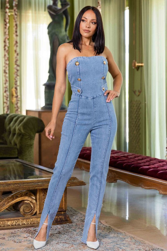 DENIM STRETCH FASHION SKINNY PANTS JUMPSUIT - PRIVILEGE 