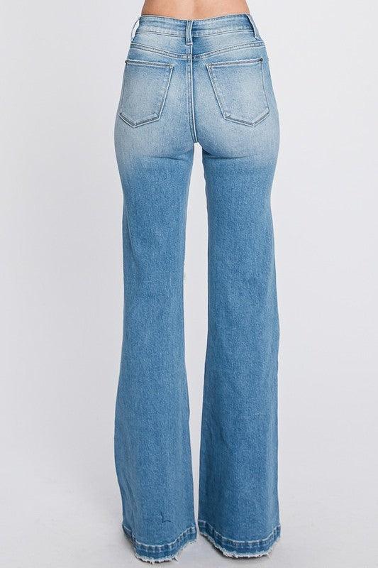 DISTRESSED SUPER HIGH RISE 70'S INSPIRED FLARE JEANS - PRIVILEGE 