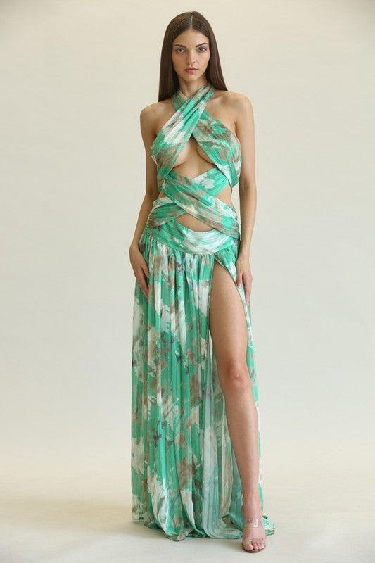 MARBLE PRINT CRISSCROSS MAXI DRESS - PRIVILEGE 