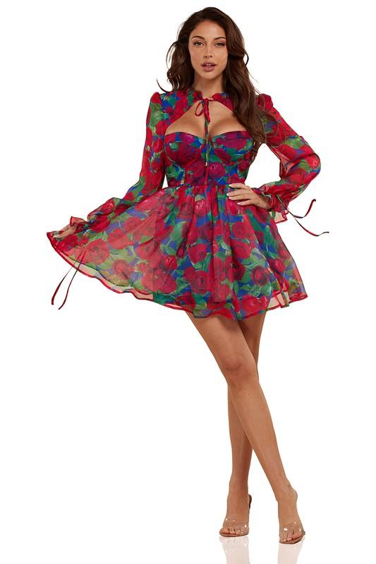 Red Floral Corset Style Romantic Charm Mini dress - PRIVILEGE 