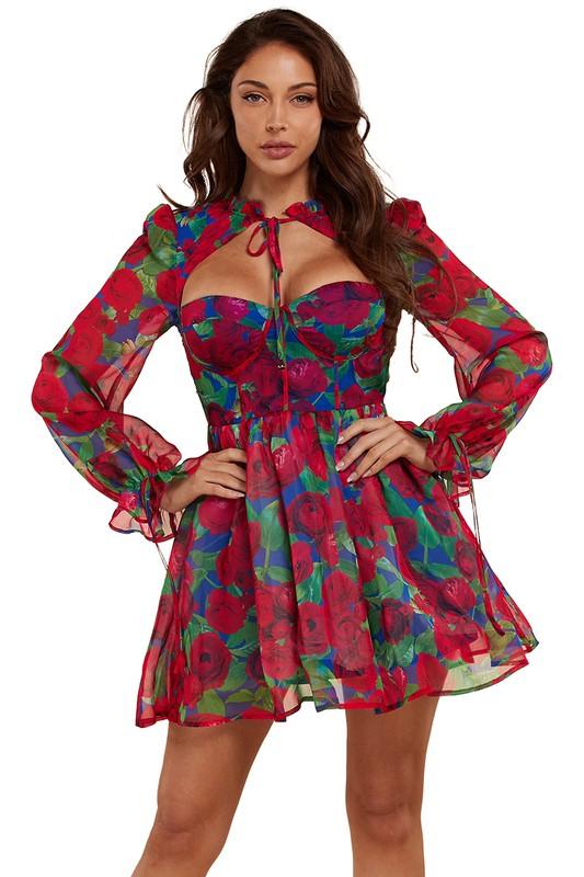 Red Floral Corset Style Romantic Charm Mini dress - PRIVILEGE 