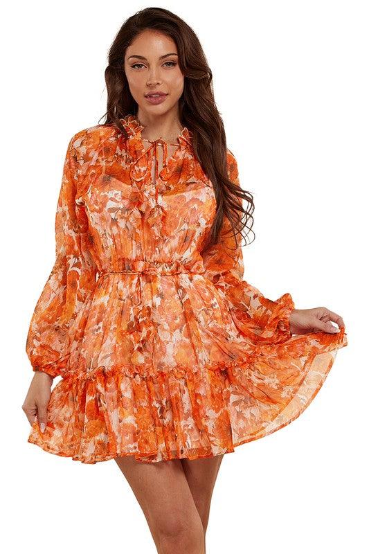 Fall Floral Cinched Chiffon Mini Dress - PRIVILEGE 