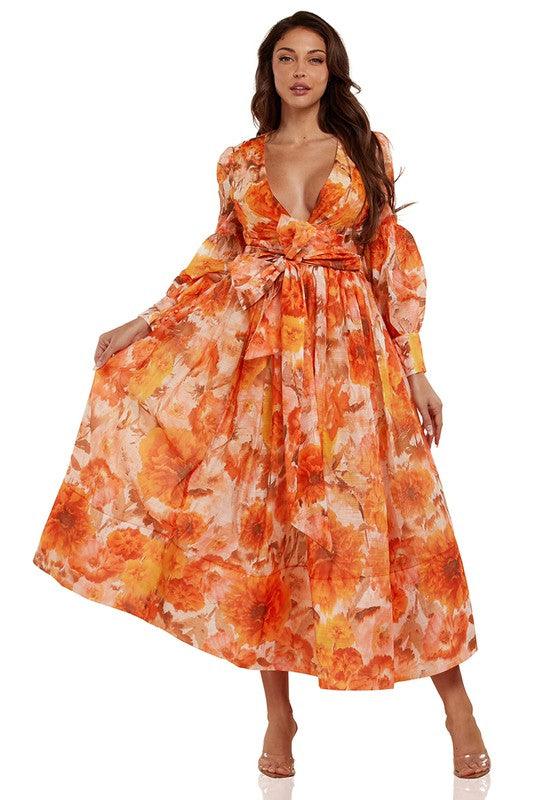 Orange Flower Captivating Flower Print Maxi dress - PRIVILEGE 