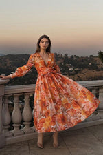 Orange Flower Captivating Flower Print Maxi dress - PRIVILEGE 