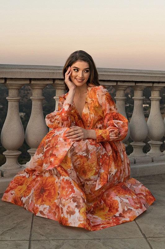 Orange Flower Captivating Flower Print Maxi dress - PRIVILEGE 