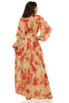 Red Floral in Beige Elegantly Styled Maxi DRESS - PRIVILEGE 