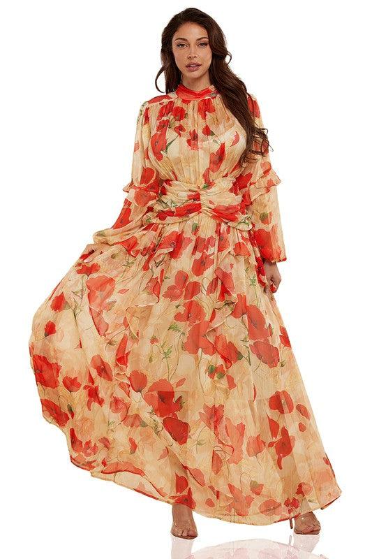 Red Floral in Beige Elegantly Styled Maxi DRESS - PRIVILEGE 