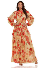 Red Floral in Beige Elegantly Styled Maxi DRESS - PRIVILEGE 