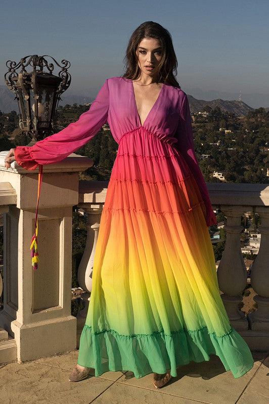 Rainbow Tassel Detailing Pleated Maxi Dress - PRIVILEGE 