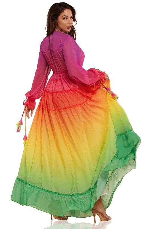 Rainbow Tassel Detailing Pleated Maxi Dress - PRIVILEGE 