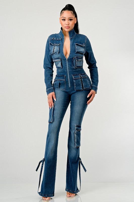 CARGO STYLE DENIM JUMPSUIT - PRIVILEGE 