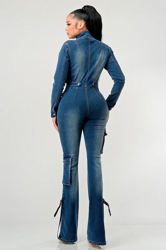 CARGO STYLE DENIM JUMPSUIT - PRIVILEGE 