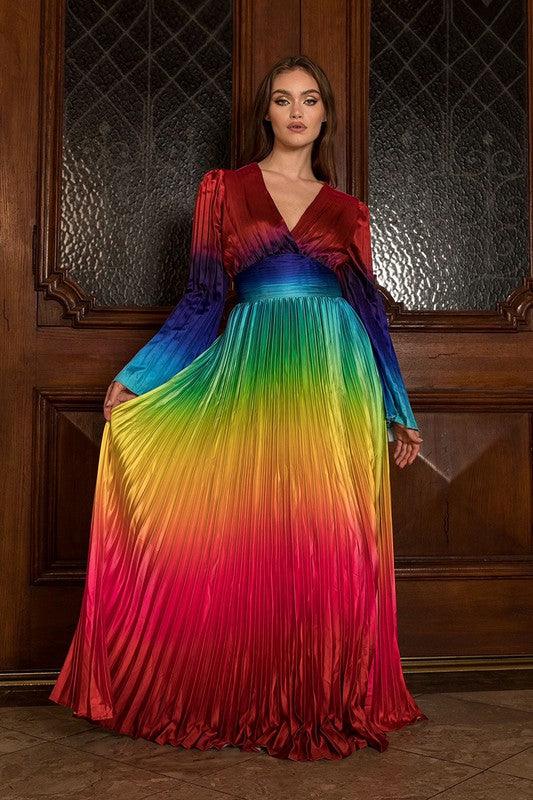 Rainbow Ombre Satin Pleated Crochet Maxi Dress - PRIVILEGE 