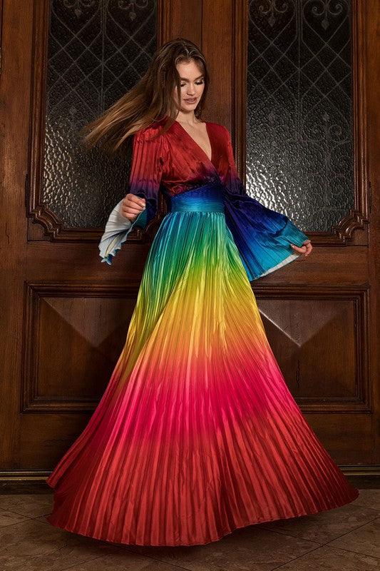 Rainbow Ombre Satin Pleated Crochet Maxi Dress - PRIVILEGE 