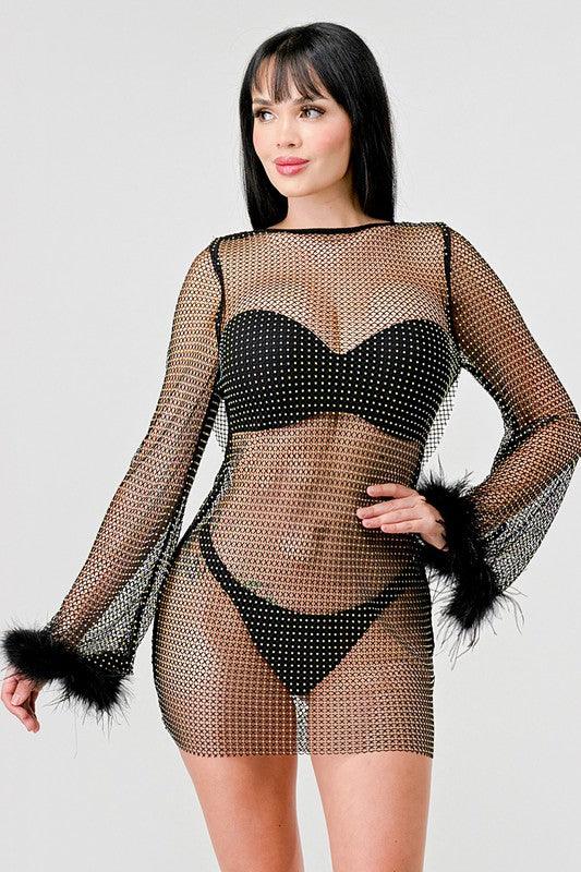 RHINESTONE FISHNET DRESS - PRIVILEGE 