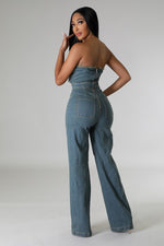 DENIM STRAPLESS JUMPSUIT - PRIVILEGE 