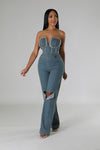 DENIM STRAPLESS JUMPSUIT - PRIVILEGE 