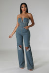 DENIM STRAPLESS JUMPSUIT - PRIVILEGE 