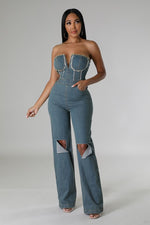 DENIM STRAPLESS JUMPSUIT - PRIVILEGE 