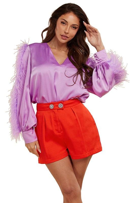 Light Purple  feather detail and Red Orange Two Piece Set - PRIVILEGE 