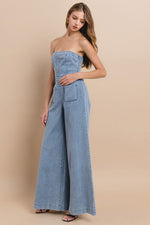 OFF SHOULDER WIDE LEG DENIM JUMPSUIT - PRIVILEGE 