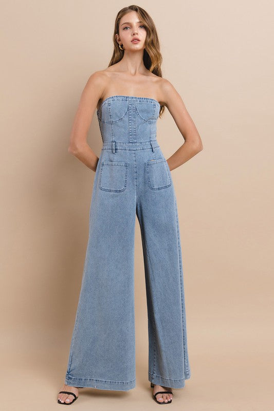 OFF SHOULDER WIDE LEG DENIM JUMPSUIT - PRIVILEGE 